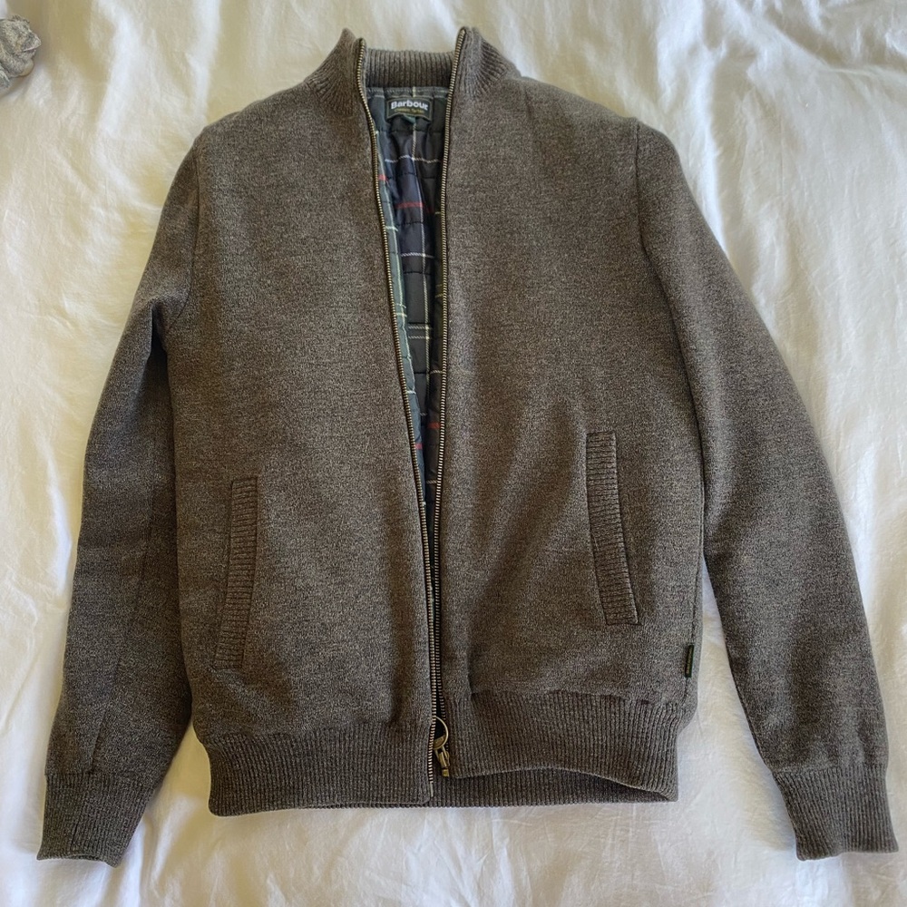 Barbour Grey Zip Up Sweater with Ribbed Cuffs